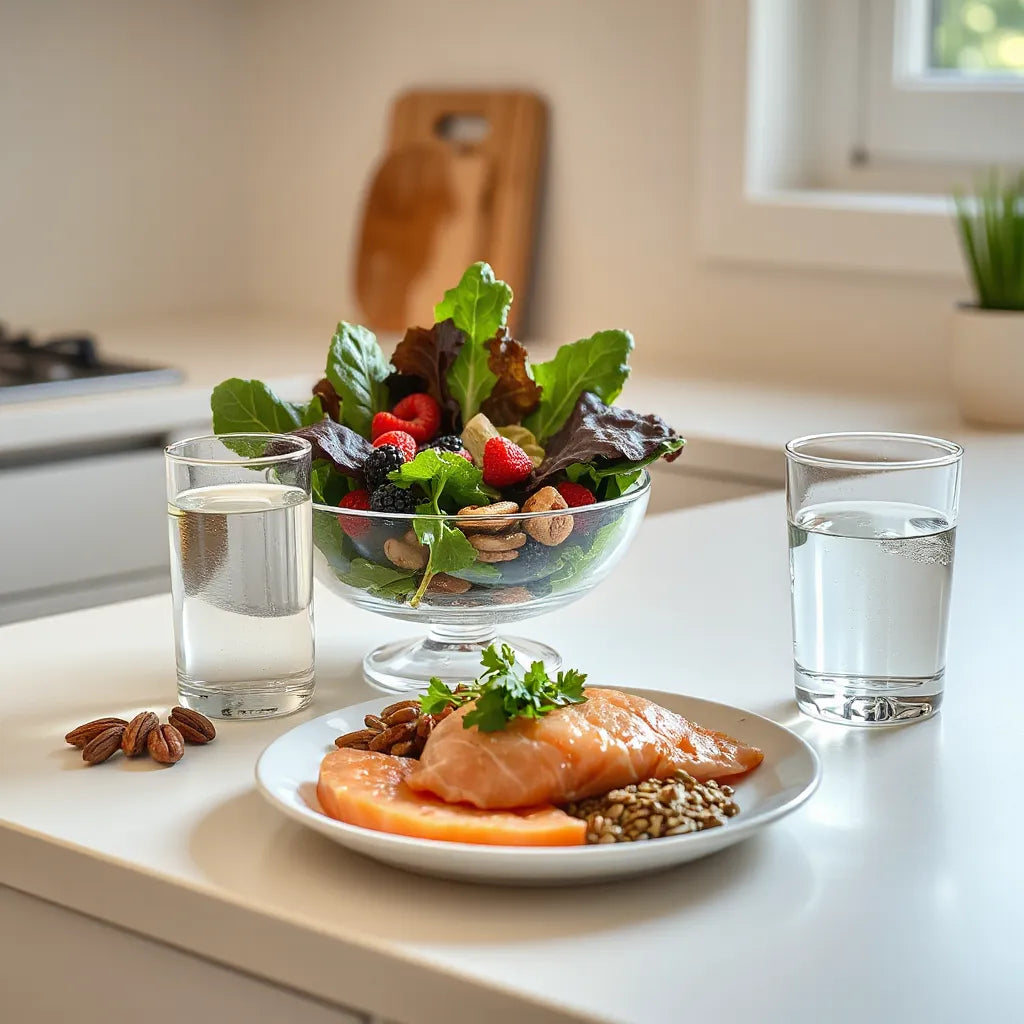 Colorful whole-food ingredients and water on a kitchen counter in soft natural light