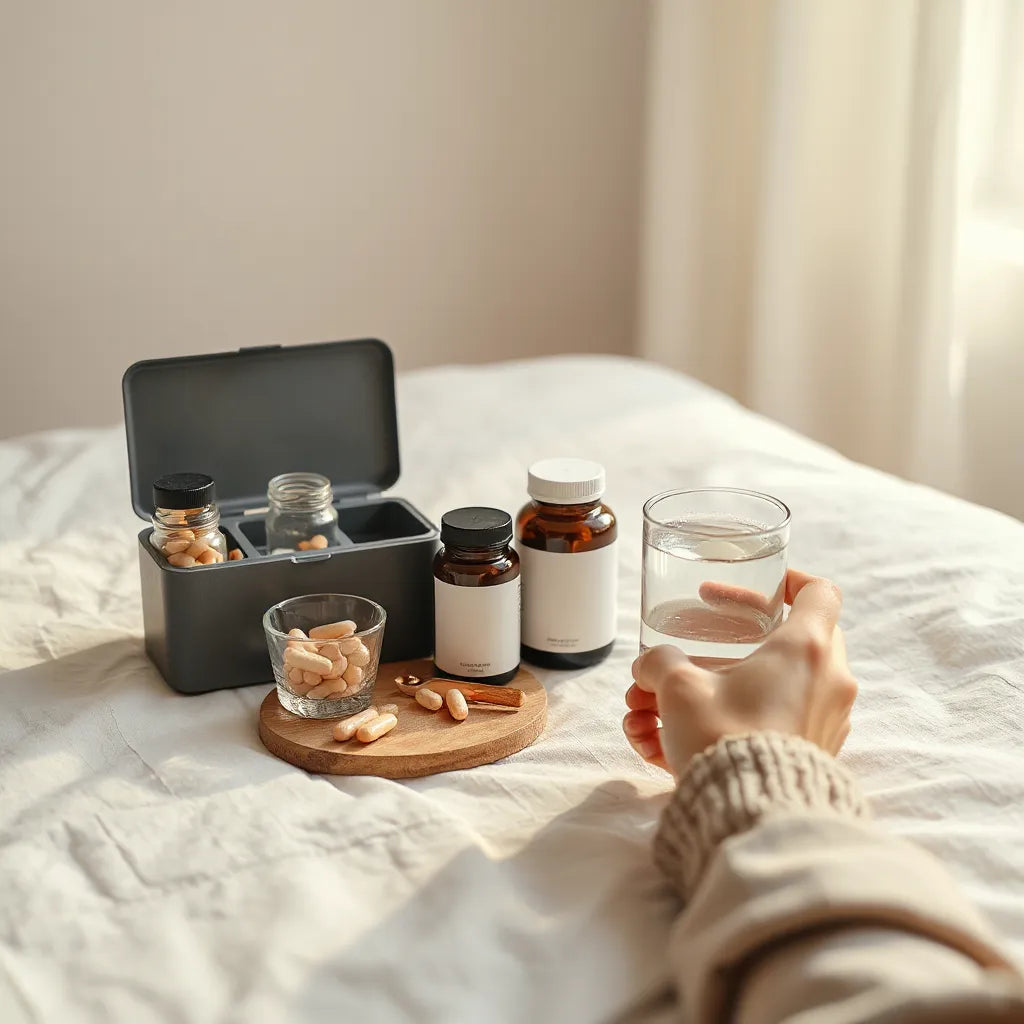 Soft morning light on a bedside table with neatly arranged supplement bottles, a pill organizer, and water
